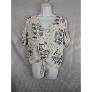 Tru Self Womens XL Paris London Rome Map Print Tie Front Rayon‎ Blouse Top